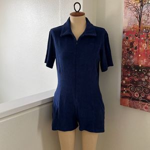 Monrow Terry Cloth Front Zip Up Romper Navy Blue Size S